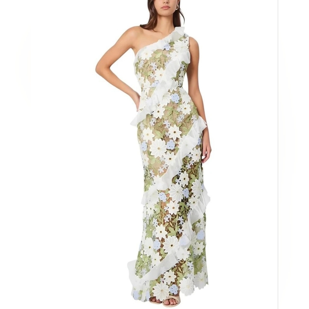 Linda Charm Floral Applique Nude Underlay Ruffle Maxi Gown new 8